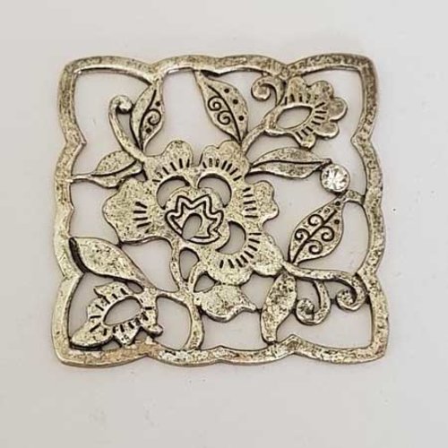 Lot n°068 1 pendentif carré 39 mm fleur argent et strass intercalaire entre deux