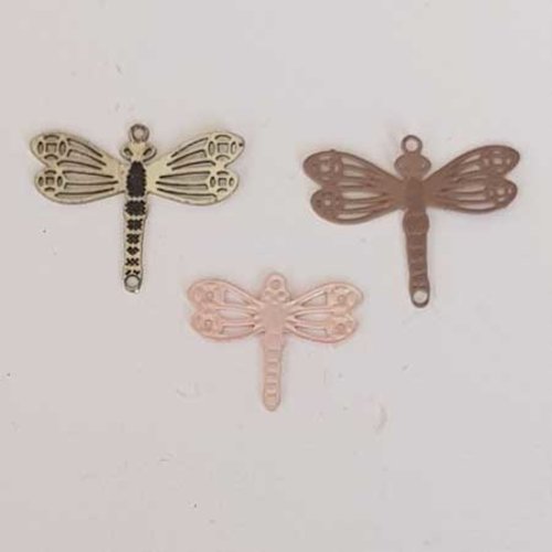 Lot n°100 3 pendentifs breloques libellules argent marron foncé 15 mm estampe filigrane