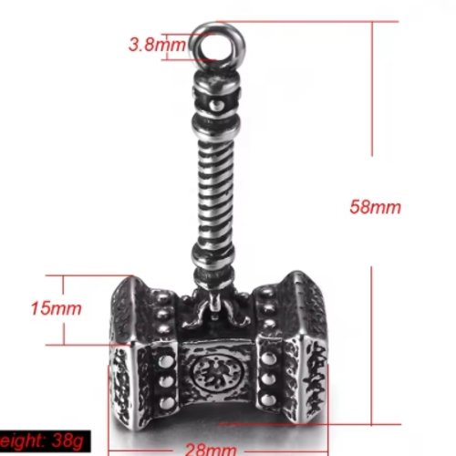 Lot n°108 1 pendentif breloque marteau de thor acier inoxydable 58 mm