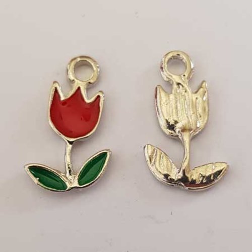 Lot n°152 1 breloque pendentif fleur tulipe 17 mm argent emaillé rouge