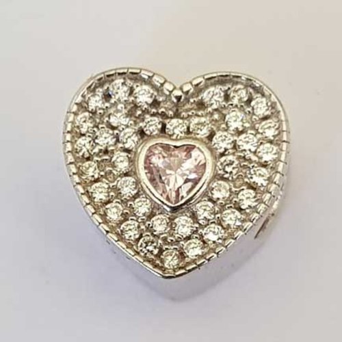 Perle n°0874 en argent 925, coeur orné de pierre de zirconium perle européen pour maille serpent