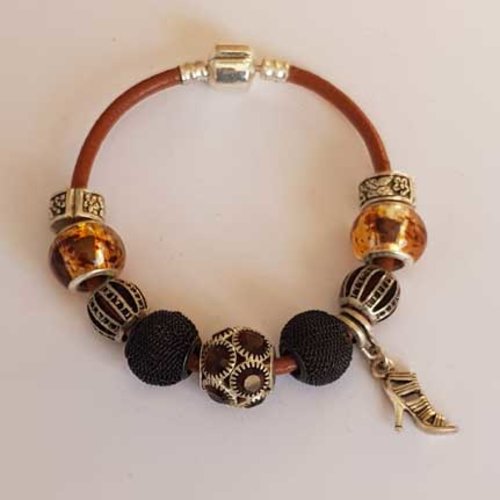 Bracelet n°10 clip européen 19.5 cm cuir lisse marron fermoir clip lisse