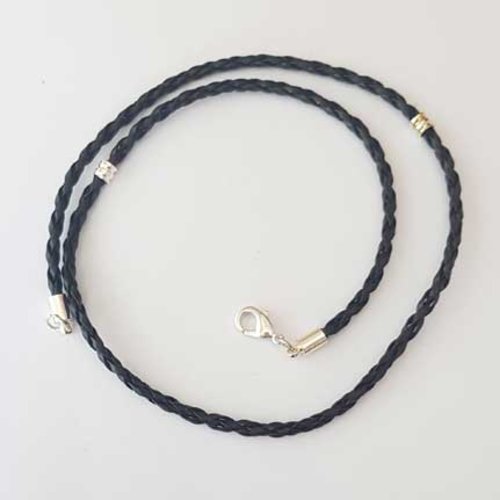 Collier tressé 45 cm n°20 noir fermoir mousqueton