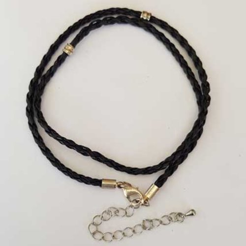Collier tressé 45 cm n°20-02 noir fermoir mousqueton et chainette de rallonge