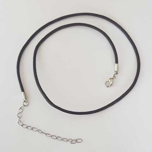 Collier cuir lisse 50 cm n°21 marron fermoir mousqueton et chainette de rallonge