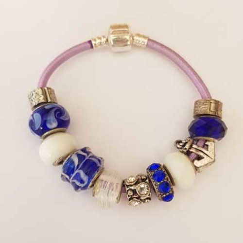 Bracelet n°06 clip européen 18 cm cordon élastique bleu