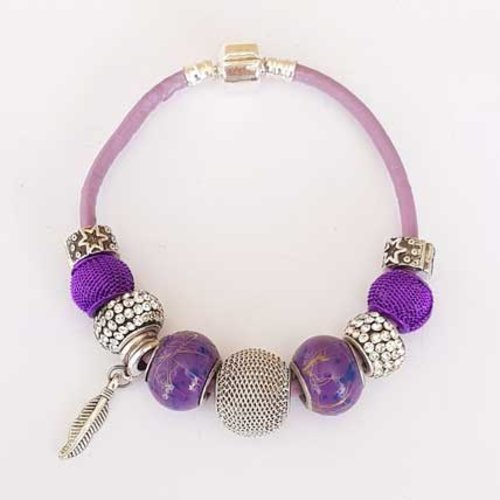 Bracelet n°14 clip européen 20 cm cuir lisse pourpre fermoir clip lisse