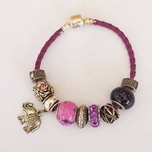 Bracelet n°11 clip européen 19 cm tressé pourpre fermoir clip lisse