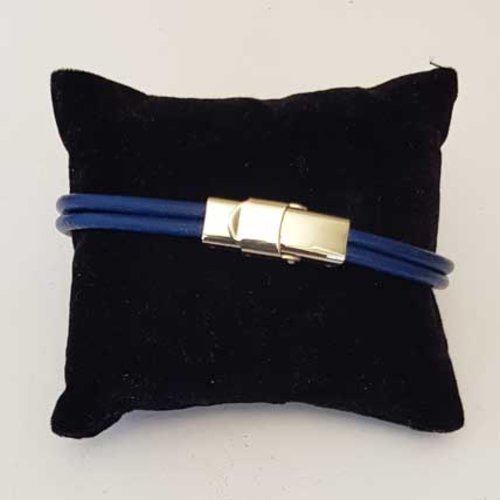 Bracelet cuir lisse bleu 2 rangées de 03 mm ajustable au poignet