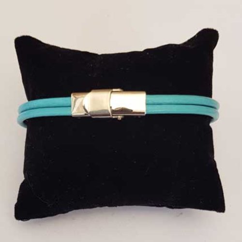 Bracelet cuir lisse turquoise 2 rangées de 03 mm ajustable au poignet