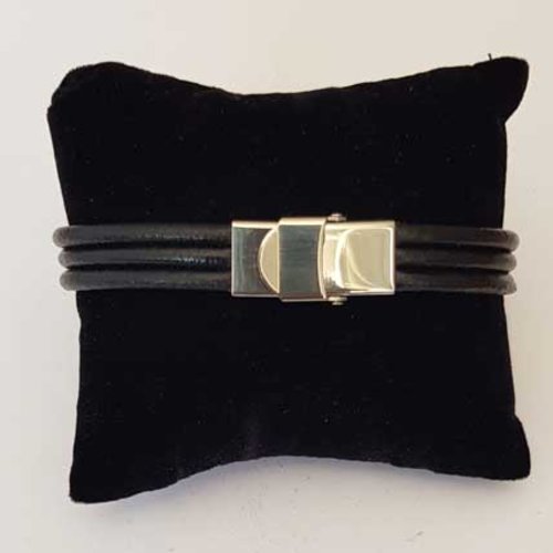 Bracelet cuir lisse noir 3 rangées de 03 mm ajustable au poignet