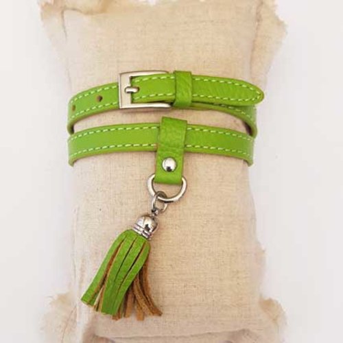 Bracelet 2 tours cuir 10 mm n°03 fermoir ardillon avec pompon