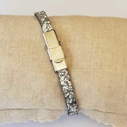 Bracelet 06 mm ajustable au poignet glitter pailleté argent doublé cuir n°64