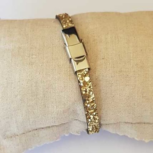 Bracelet 06 mm ajustable au poignet glitter pailleté doré doublé cuir n°65