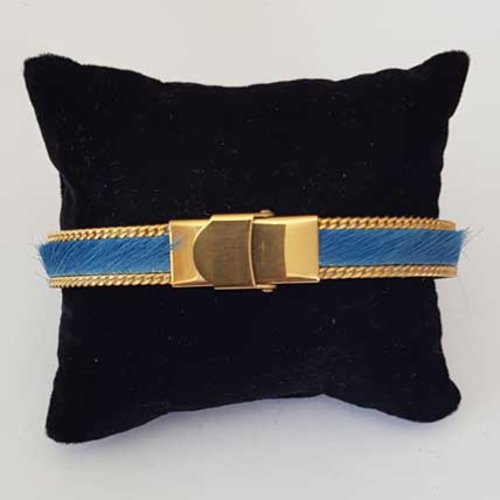 Bracelet cuir 10 mm peau bleu chaîne doré ajustable au poignet
