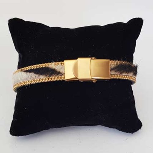 Bracelet cuir 10 mm peau zèbre chaîne doré ajustable au poignet