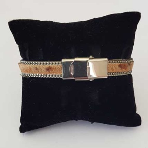 Bracelet cuir 10 mm peau léopard chaîne argent ajustable au poignet