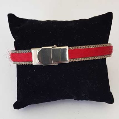 Bracelet cuir 10 mm peau rouge chaîne argent ajustable au poignet