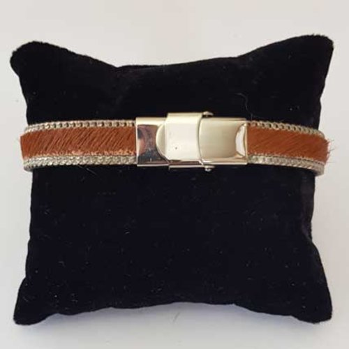 Bracelet cuir 10 mm peau marron chaîne argent ajustable au poignet