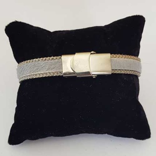 Bracelet cuir 10 mm peau gris chaîne argent ajustable au poignet