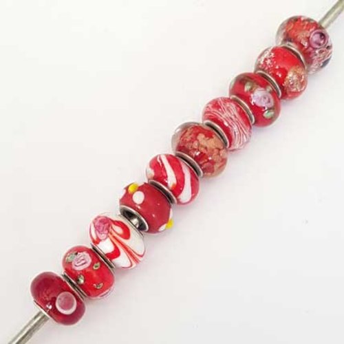 10 perles européens n°0002 rouge style pandora grand trou