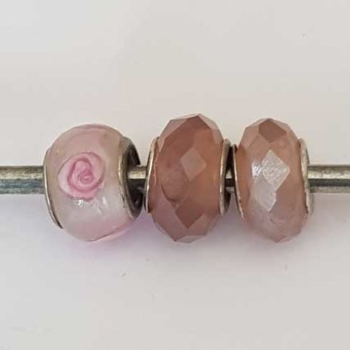 Perle n°1260-01 rose lot 3 pièces compatible style pandora grand trou en verre ronde