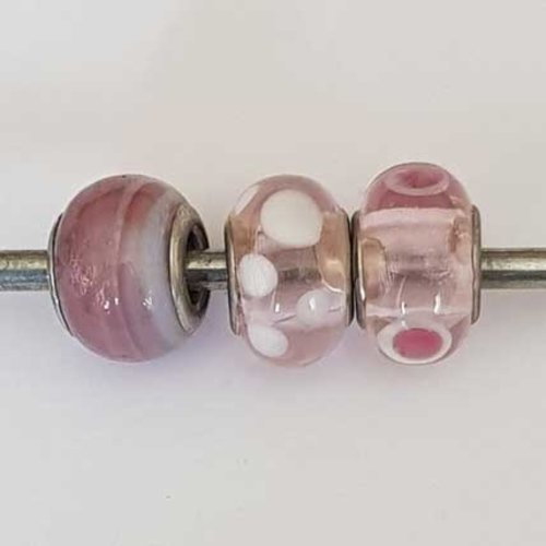Perle n°1260-02 rose lot 3 pièces compatible style pandora grand trou en verre ronde