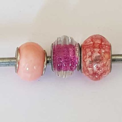 Perle n°1260-03 rose lot 3 pièces compatible style pandora grand trou en verre ronde