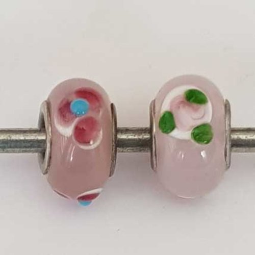 Perle n°1260-04 rose lot 2 pièces compatible style pandora grand trou en verre ronde