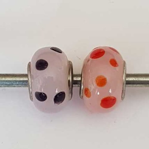 Perle n°1260-05 rose lot 2 pièces compatible style pandora grand trou en verre ronde