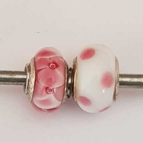 Perle n°1260-06 rose et blanc lot 2 pièces compatible style pandora grand trou en verre ronde