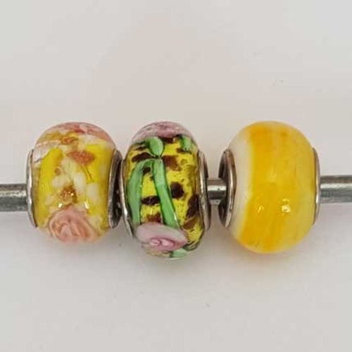 Perle n°1261-03 multi couleur lot 3 pièces compatible style pandora grand trou en verre ronde