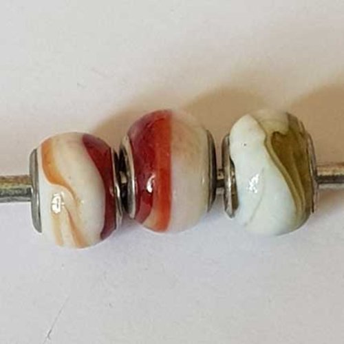 Perle n°1261-06 multi couleur lot 3 pièces compatible style pandora grand trou en verre ronde