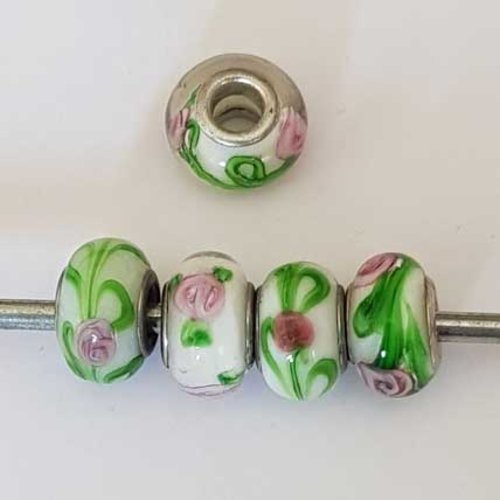 Perle n°1262-01 blanc lot 5 pièces compatible style pandora grand trou en verre ronde