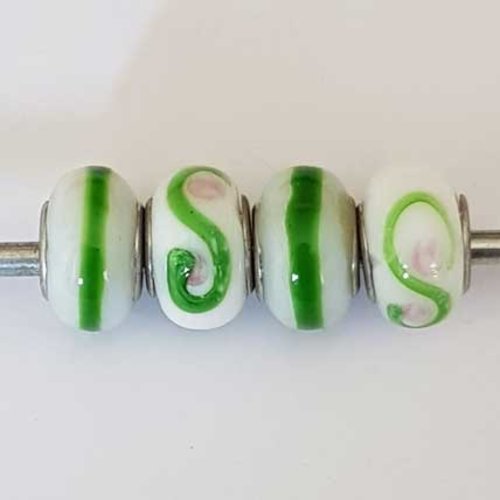 Perle n°1262-02 blanc lot 4 pièces compatible style pandora grand trou en verre ronde