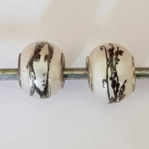 Perle n°1262-04 blanc lot 2 pièces compatible style pandora grand trou en verre ronde