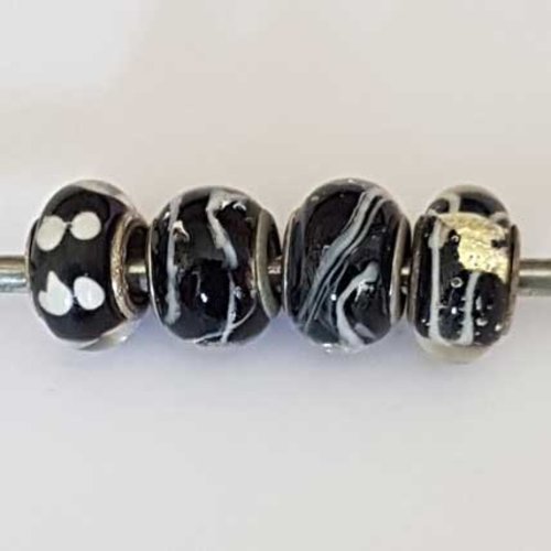 Perle n°1263-02 noir lot 4 pièces compatible style pandora grand trou en verre ronde