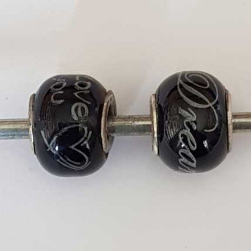 Perle n°1263-03 noir lot 2 pièces compatible style pandora grand trou en verre ronde