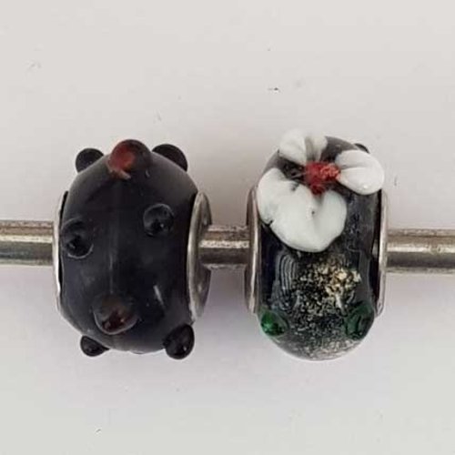 Perle n°1263-04 noir lot 2 pièces compatible style pandora grand trou en verre ronde
