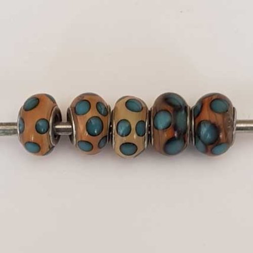 Perle n°1264-01 marron lot 5 pièces compatible style pandora grand trou en verre ronde