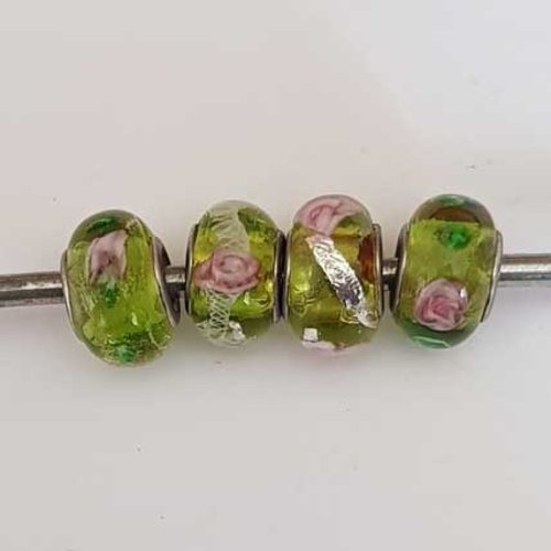 Perle n°1266-01 vert lot 4 pièces compatible style pandora grand trou en verre ronde