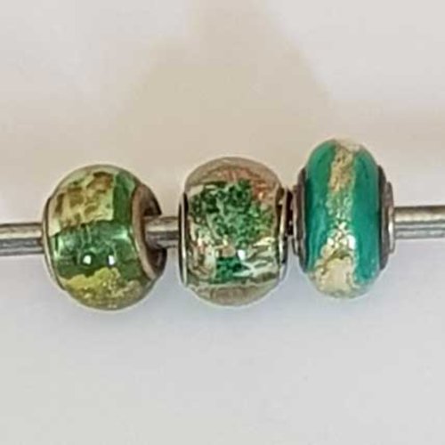 Perle n°1266-03 vert lot 3 pièces compatible style pandora grand trou en verre ronde