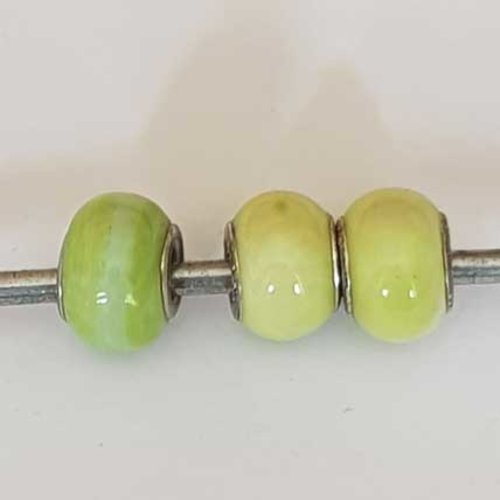 Perle n°1266-07 vert jaune lot 3 pièces compatible style pandora grand trou en verre ronde