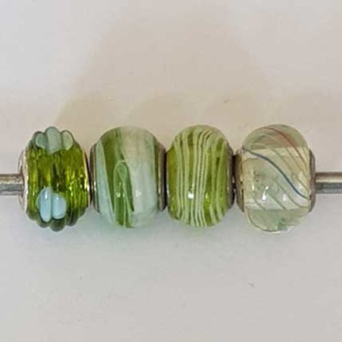 Perle n°1266-09 vert lot 4 pièces compatible style pandora grand trou en verre ronde