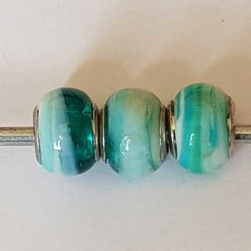 Perle n°1266-10 vert lot 3 pièces compatible style pandora grand trou en verre ronde