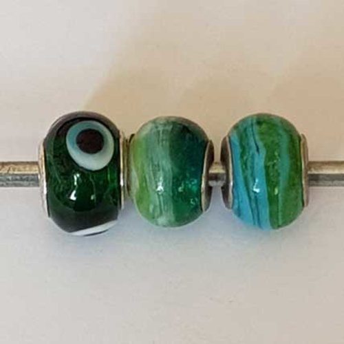 Perle n°1266-11 vert lot 3 pièces compatible style pandora grand trou en verre ronde