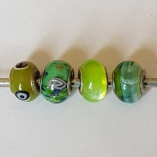 Perle n°1266-12 vert lot 4 pièces compatible style pandora grand trou en verre ronde