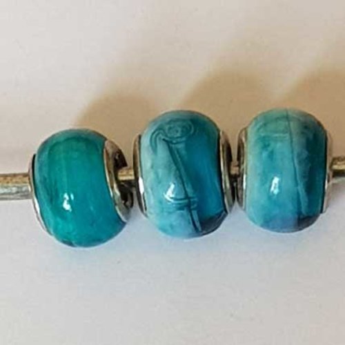 Perle n°1266-13 vert lot 3 pièces compatible style pandora grand trou en verre ronde
