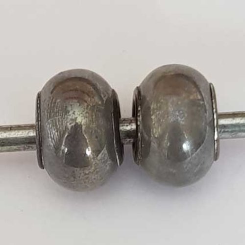 Perle n°1267-01 gris lot 2 pièces compatible style pandora grand trou en verre ronde