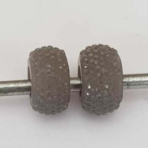 Perle n°1267-02 gris lot 2 pièces compatible style pandora grand trou en plastique ronde